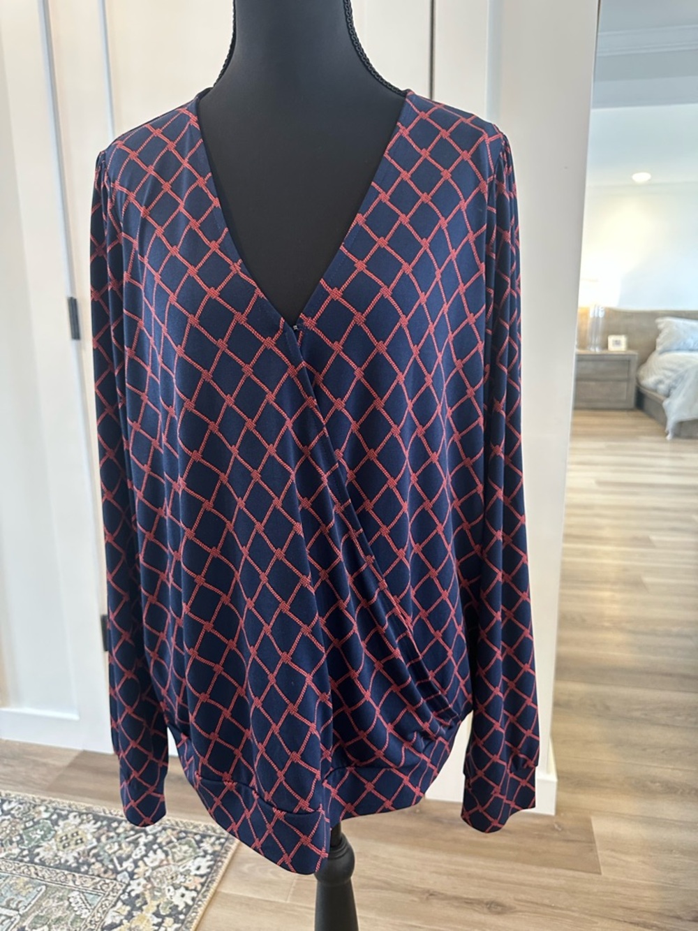 Banana Republic Size Large Navy Blue Wrap-Style Top with Coral Lattice Print